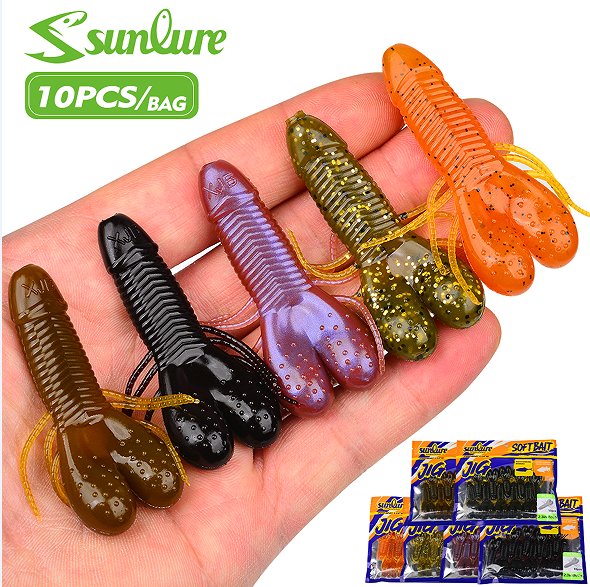 Sunlure RL024 Twin-Tail Craw Bait, Crawfish Grub Soft Lures for Bass Perch, 2 Sizes / 6 Colors