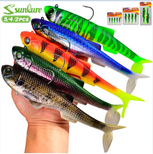 Sunlure RL5601 Pre-Rigged Paddle Tail Swimbait, Weighted Soft Lure with Jig Head for Sea Bass Pike, 4 Sizes / 5 Colors