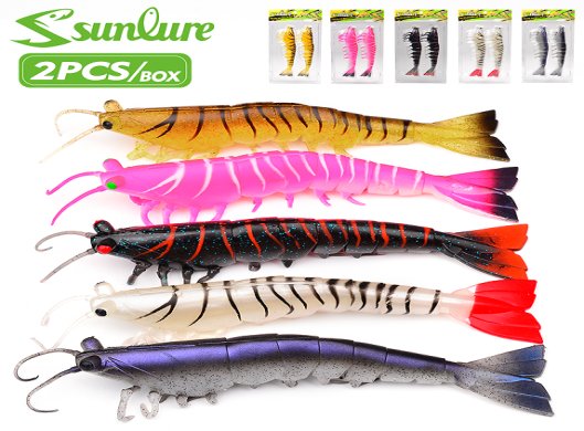 Sunlure SJ023 Soft Shrimp Lure, Lifelike Prawn Bait for Bass Cod Snapper, Saltwater & Freshwater, 2 Sizes / 5 Colors