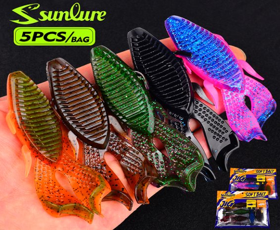 Sunlure SL005K Twin-Tail Grub 5pcs, Soft Plastic Craw Lures for Bass Pike Perch, K Series
