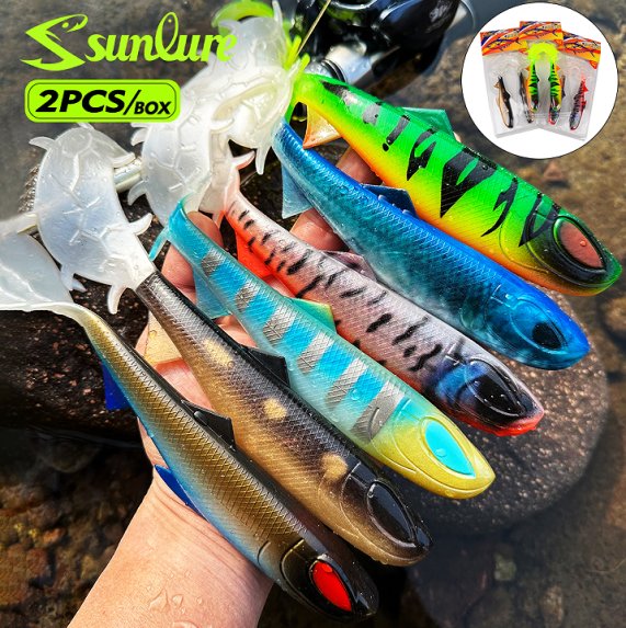 Sunlure SL1003 Curly Tail Shad Swimbait, Boxed Soft Fishing Lures for Pike Muskie Zander, 2 Sizes / 6 Colors