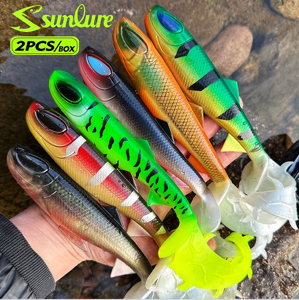 Sunlure SL1004 Big Eye Curly Tail Swimbait, Soft Shad Lures for Pike Bass Muskie, 2 Sizes / 6 Colors