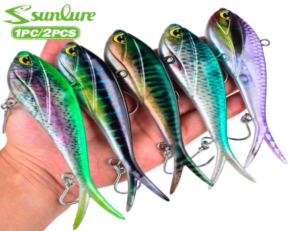 Sunlure SL1011 Fork-Tail Sinking Swimbait with Hooks, Soft V-Tail Bait for Pike Zander Bass, 4 Sizes / 10 Colors
