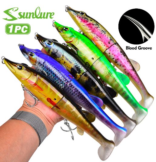 Sunlure SL1012 Two-Jointed Soft Glide Bait, Slow Sinking Segment Swimbait for Pike Muskie Bass, 6 Colors