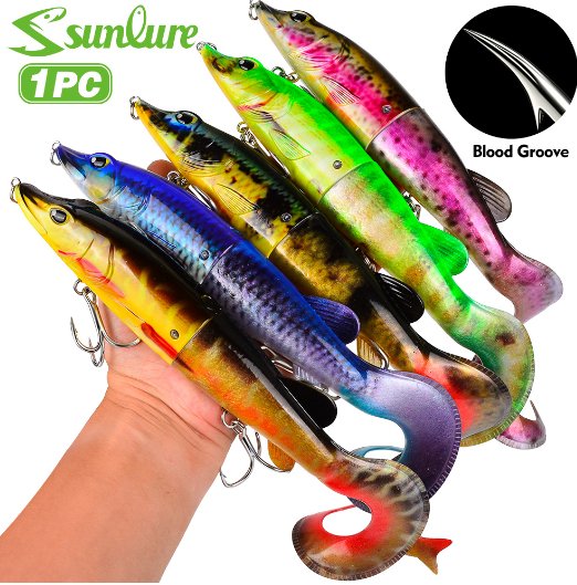 Sunlure SL1013 Two-Jointed Soft Glide Bait, Slow Sinking Segment Swimbait for Pike Muskie Bass, 6 Colors