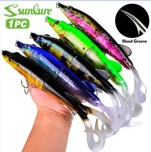 Sunlure SL1014 Two-Jointed Soft Glide Bait, Slow Sinking Segment Swimbait for Pike Muskie Bass, 6 Colors